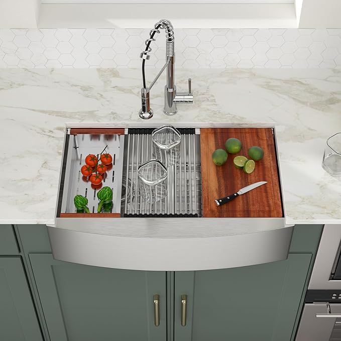 Logmey 33 Inch Farmhouse Sink Double Bowl 50/50 Sink 33x21 Inch Stainless Steel Apron Front Kitchen Sink Ledge Workstation Low Divide Double Bowl 50/50 16 Gauge Farm Kitchen Sinks