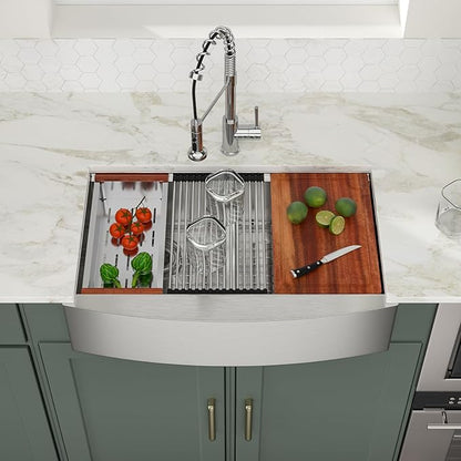 Logmey 33 Inch Farmhouse Sink Double Bowl 50/50 Sink 33x21 Inch Stainless Steel Apron Front Kitchen Sink Ledge Workstation Low Divide Double Bowl 50/50 16 Gauge Farm Kitchen Sinks