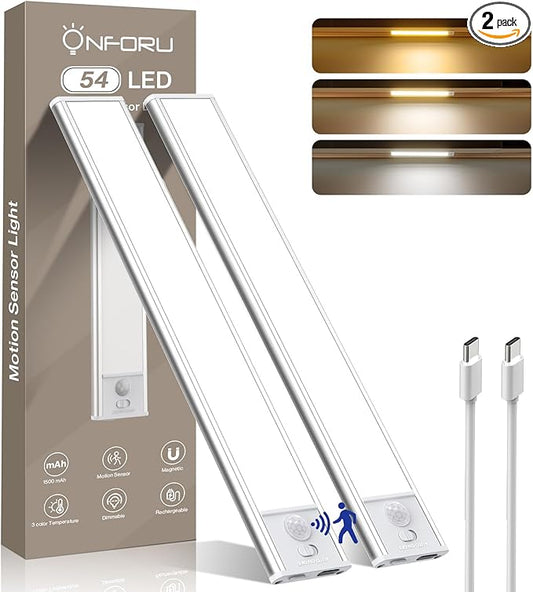 Onforu Under Cabinet Lighting, 54 LED Motion Sensor Light, Dimmable & 3 Color Temperature Closet Lights, 1500mAh USB Rechargeable Battery Operated, Magnetic Under Counter Lights for Kitchen 12inch