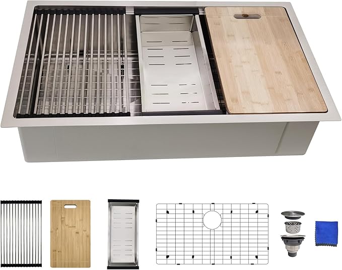33x19 Undermount Kitchen Sink, Delironexu 33 Inch Kitchen Sink Workstation, 16 Gauge 304 Stainless Steel Undermount Kitchen Sink Single Bowl with Accessories