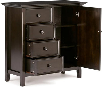 SIMPLIHOME Amherst 37-inch Wide Solid Wood Transitional-Style Storage Cabinet in Hickory Brown, Cabinet with 4 Drawers and Adjustable Shelves for Living Room or Entryway
