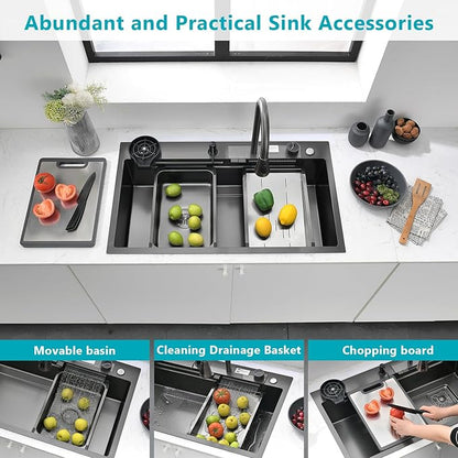 Waterfall Kitchen Sink 15" x 15" Drop-in Single Bowl Sinks, SUS304 Workstation Handmade Undermount Sink With Pull-out Faucet, Cup Washer & Accessories (Black, 15" x 15")