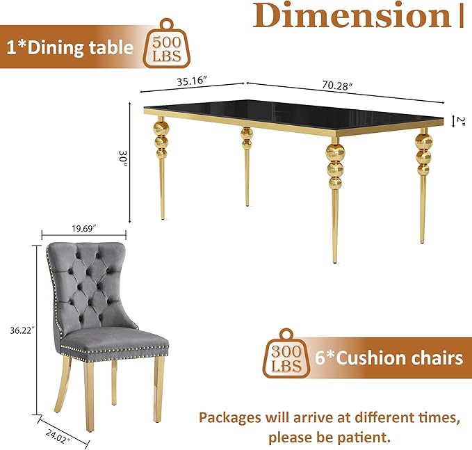 7 Piece Glass Dining Table Set, Modern 70 Inch Gold Rectangular Glass Kitchen Table, 6 Gray Exquisite Velvet Cushion Chairs for Living Room, Restaurant (Black-Top)