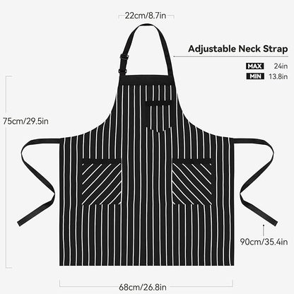 NLUS 2 Pack Cooking Aprons for Women with Pockets Adjustable Kitchen Bib Aprons for Women Men Chef, Black/White Stripe (Black/White Stripes)