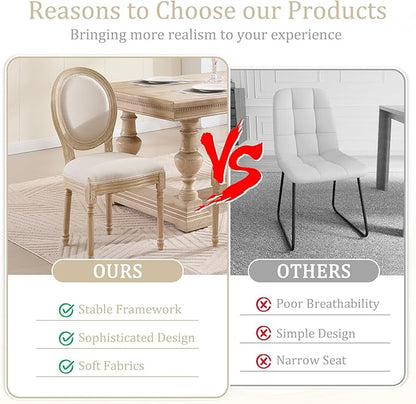 French Country Dining Chairs Set of 2, Upholstered Rattan Dining Chair with Round Backrest, Farmhouse Vintage Dining Chairs for Living Room, Kitchen, Restaurant (Beige-Padded, Set of 2)