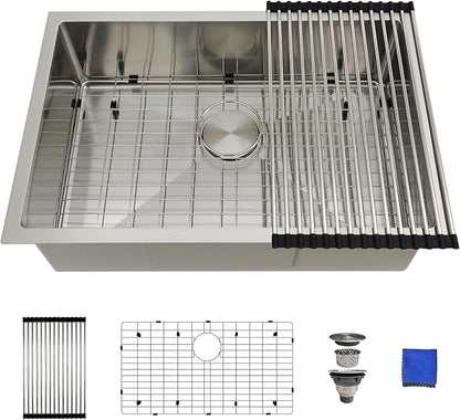 27 Inch Undermount Kitchen Sink - Delironexu 16 Gauge Stainless Steel Sinks, 27''x18'' Single Bowl Kitchen Sinks, Undermount Sink with 4 Accessories