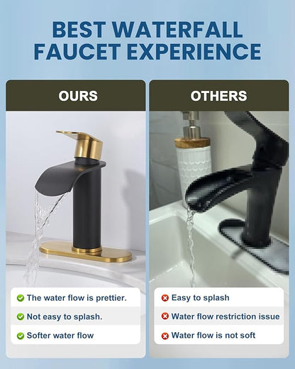 Waterfall Bathroom Faucet: WOWOW Black and Gold Modern Single Handle Bathroom Faucets for 1 or 3 Hole Bathroom Sink Faucet Mixer Tap Washbasin Faucet with Deck, Pop-up Drain and Supply Hoses