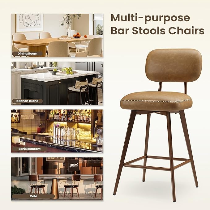 MALOL 26“ PU Leather Swivel Bar Stools Set of 2, Mid Century Counter Height Bar Chairs with Low Back and Metal Legs, Modern Bar Stool Chair for Kitchen Island, Brown