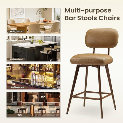 MALOL 26“ Swivel Bar Stools Set of 4, Mid Century PU Leather Counter Height Bar Chairs with Low Back and Metal Legs, Modern Bar Stool Chair for Kitchen Island, Brown