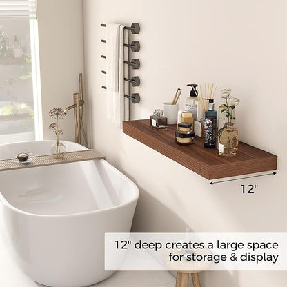 Fun Memories 30 Inch Floating Shelves, 12 Inch Deep Floating Shelf for Wall, Rustic Deep Shelves for Books, Bathroom, Living Room, Kitchen, 30 x 12 x 2 Wood Floating Shelves, Walnut Color, Set of 2