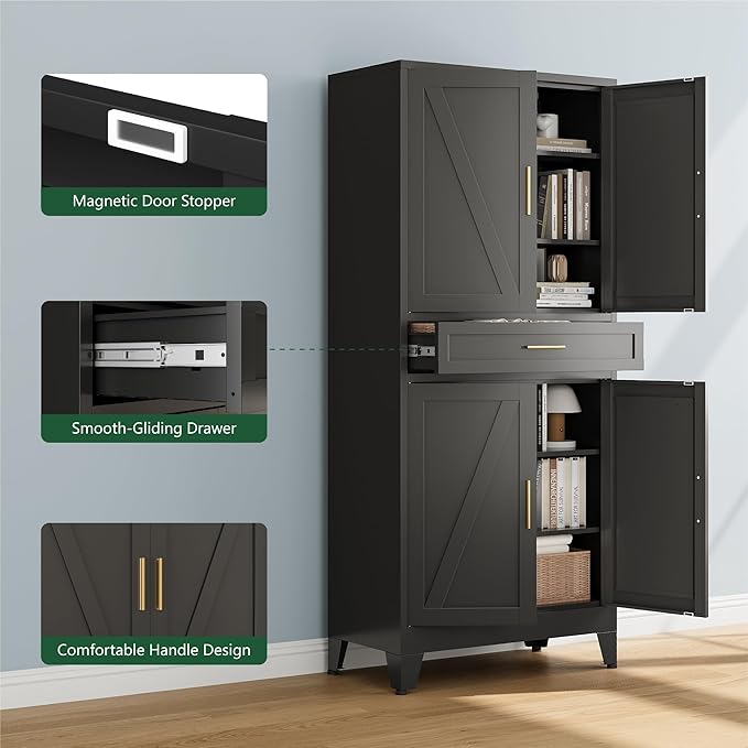 Bevivog Metal Storage Cabinet with Drawers, Tall Cabinets with Doors and Shelves, 4 Doors High Storage Cabinet for Office/Pantry/Living Room