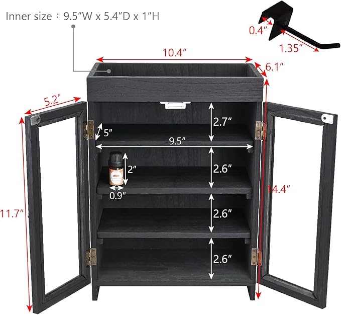 Ikee Design Small Wooden Countertop Storage Cabinet with Adjustable Shelves and Removable Hooks, Perfect for Perfume, Pantry, Essential Oil, 10.4W x 6.1D x 14.4H in, Black