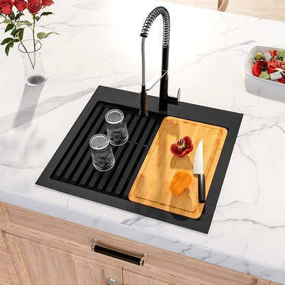 25 Inch Drop In Black Kitchen Sink,16 Gauge 304 Stainless Steel Kitchen Sink Single Bowl, 25" x 22" x 9" Ledge Workstation Sinks With All Accessories, Multi-Functional Workstation Sinks