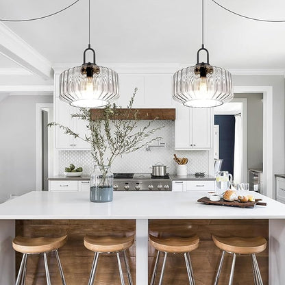 Hanging Pendant Light Plug in Plug in Pendant Lamp Globe Hanging Lights with Plug in Cord for Bedroom Mid Century Modern Ceiling Light fixtures Clear Striped Glass Swag Lights Kitchen