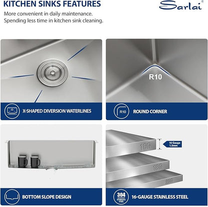 Sarlai 36 Stainless Steel Farmhouse Sink- 36x21 Inch Farmer Sink Apron Front Kitchen Sinks 16 Gauge Single Bowl Farm Sinks Basin Round Corner