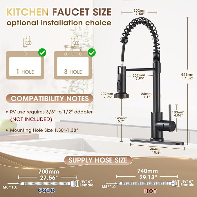 Kitchen Faucet with Pull Down Sprayer, Matte Black High Arc Single Handle Spring Pull Out Stainless Steel Faucet for Kitchen Sink, 2 Mode Utility Ideal for Laundry Camper Bar RV Room