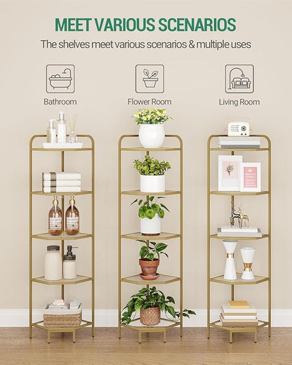 Hzuaneri Corner Shelf Stand, 5-Tier Glass Bookshelf Bookcase, Bathroom Organizer, Plant Stand, Steel Frame, Tempered Glass, Modern Style for Living Room, Bathroom, Kitchen, Golden CS90200G