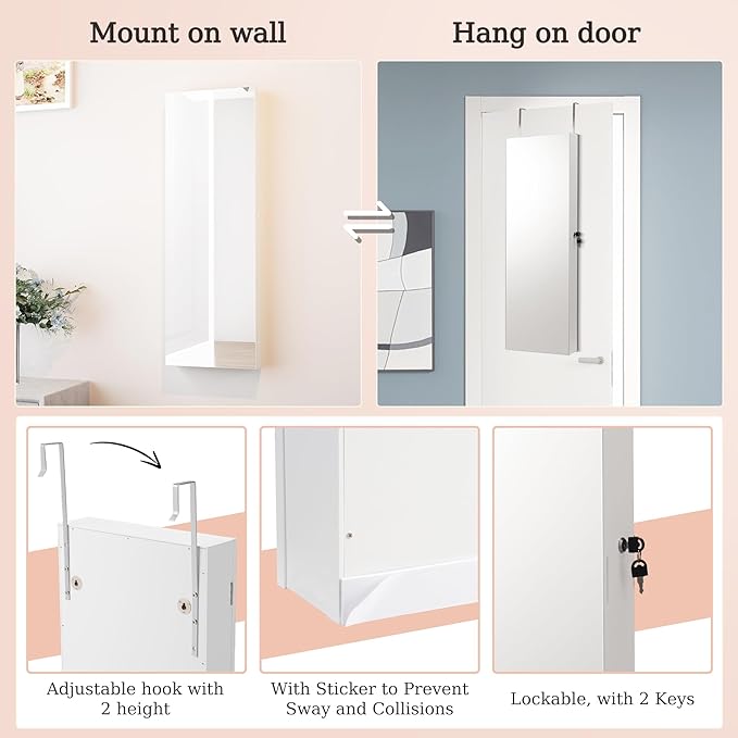 Unisakey Mirror Jewelry Cabinet,Lockable Wall or Door Mounted Jewelry Armoire Organizer With Built-up Mirror,LED Lights, Drawers,Cosmetic Trays,Shelves, 14.4"x3.15"x 43.1"（White）