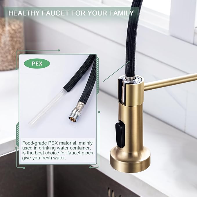 WEWE Brushed Gold Kitchen Faucet with Pull Down Sprayer, RV Brass Kitchen Faucet Stainless Steel Single Handle Spring Faucet with Deck Plate for Farmhouse Utility bar Laundry Sinks