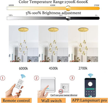 5-Light Gold Crystal Drop Pendant Light, Kitchen Island Hanging Light Fixtures, Modern Solid Clear Crystal Chandelier for Dining Room Living Room Foyer
