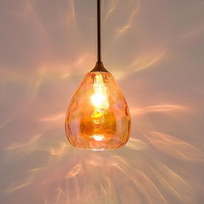 Colorful Amber Hammered Glass Pendant Light with Brass Gold Accent, Adjustable Hanging Lamp for Kitchen, Dining Room, and Living Room
