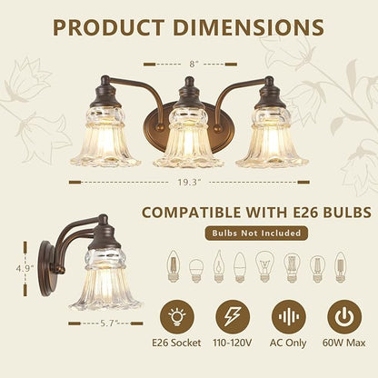 3-Light Bathroom Light Fixtures Over Mirror, Vintage Vanity Lights with Clear Floral Glass Shades, Oil Rubbed Bronze