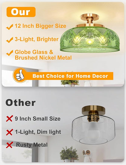 Green Semi Flush Mount Ceiling Light, 12 Inch Large Ceiling Light Fixture Gold, 3-Light Globe Glass Farmhouse Kitchen Lighting Fixtures for Bathroom, Hallway, Dining Room (Bulb Not Included)