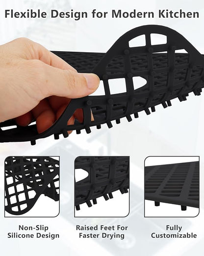 2 Pack Silicone Sink Protector for Kitchen Sink, Trellis Pattern 12 x 11" Sink Grid Mat Silicone Protectors, Center Drain, Black