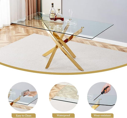 63" Glass Dining Table for 4-6, Contemporary Rectangular Dining Room Table with Tempered Glass Top & Gold Finish Stainless Steel Legs, Modern Large Dining Table for Home Kitchen