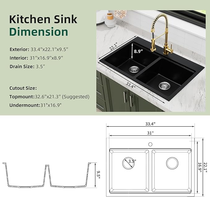 Davivy 33 Inch Black Drop in/Top Mount Double Bowl Kitchen Sink, 50/50 Split Black Granite Composite Double Kitchen Sink Workstation, Deep Double Bowl Design with Accessories