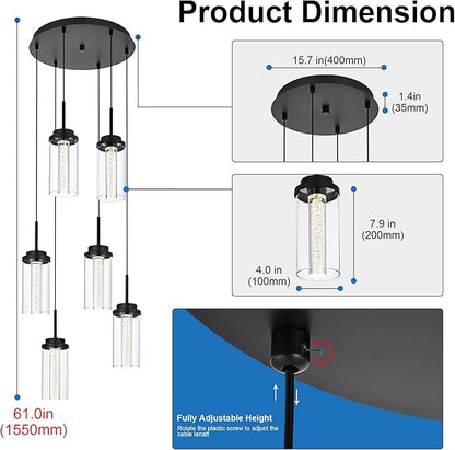 MELUCEE Modern LED Pendant Light Fixtures 6-Light Pendant Lights Kitchen Island with 3000K-6000K Adjustable Color Temperature Black Ceiling Hanging Lamp for Dining Room Bedroom Kitchen Island