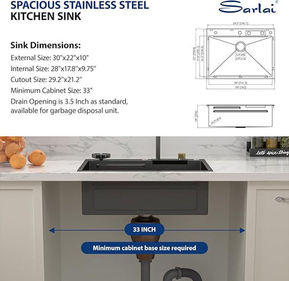 Sarlai 30 Inch Waterfall Kitchen Sink Workstation - 30x22 Black Waterfall Drop In Sink Stainless Steel 16 Gauge Sink Multifunction Single Bowl Smart Top Mount Kitchen Sinks with Faucet Combo