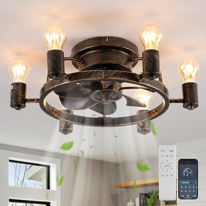 Garwarm Ceiling Fans with Lights and Remote, 20 Inch Low Profile Flush Mount Ceiling Fan with Light, Farmhouse Rustic Industrial Fan Lights Ceiling Fixtures for Bedroom,Kitchen(6 Speed,Timing)-Bronze