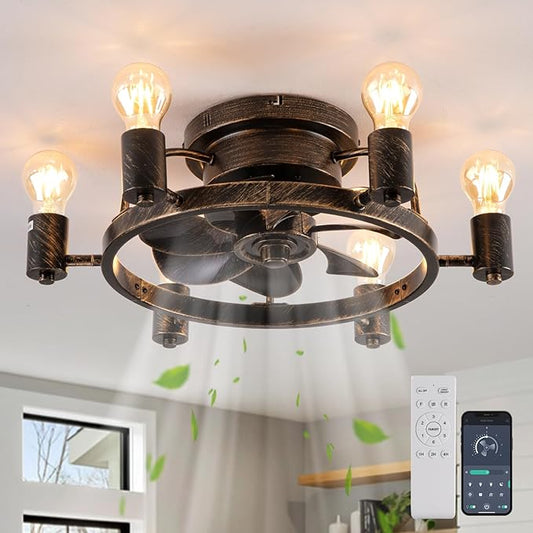 Garwarm Ceiling Fans with Lights and Remote, 20 Inch Low Profile Flush Mount Ceiling Fan with Light, Farmhouse Rustic Industrial Fan Lights Ceiling Fixtures for Bedroom,Kitchen(6 Speed,Timing)-Bronze