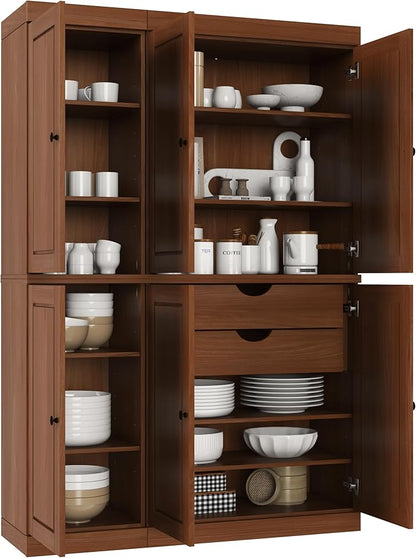 Palace Imports Solid Wood Kitchen Pantry Cabinet - 71.5" Tall x 48.5" Wide - Freestanding Storage Pantry w/ 2-Drawer Kit & Adjustable Shelves - Mocha, Renewable Eco-Friendly 100% Wood, Made in Brazil