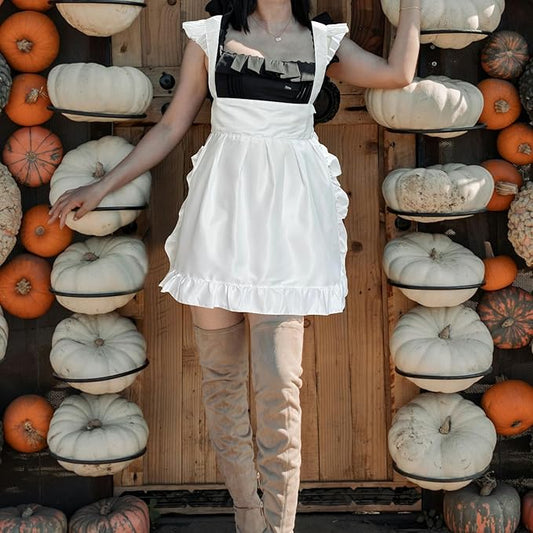 Cityelf Vintage White Apron Maid Pioneer Costume Victorian Style Cotton 50’s Ruffle Dress Apron with Long Ties and Pockets