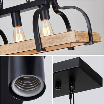 WUZUPS 3-Light Metal Pot Hanging Rack Chandelier Imitation Light Wood Grain Linear Pendant Ceiling Lighting Rustic Farmhouse Fixture Kitchen Island Dining Room, H 9.8" L 24.8" W11.8, E26 Base, Black