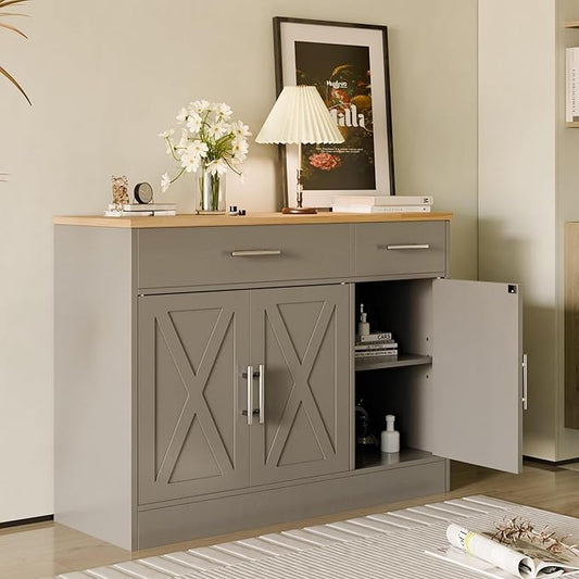 SUNLEI Kitchen Buffet Sideboard Cabinet, Wooden Storage with 3 Doors and 2 Drawers, Adjustable Shelf, Modern Farmhouse Coffee Bar Cabinet with Storage for Kitchen/Laundry/Living Room,Grey
