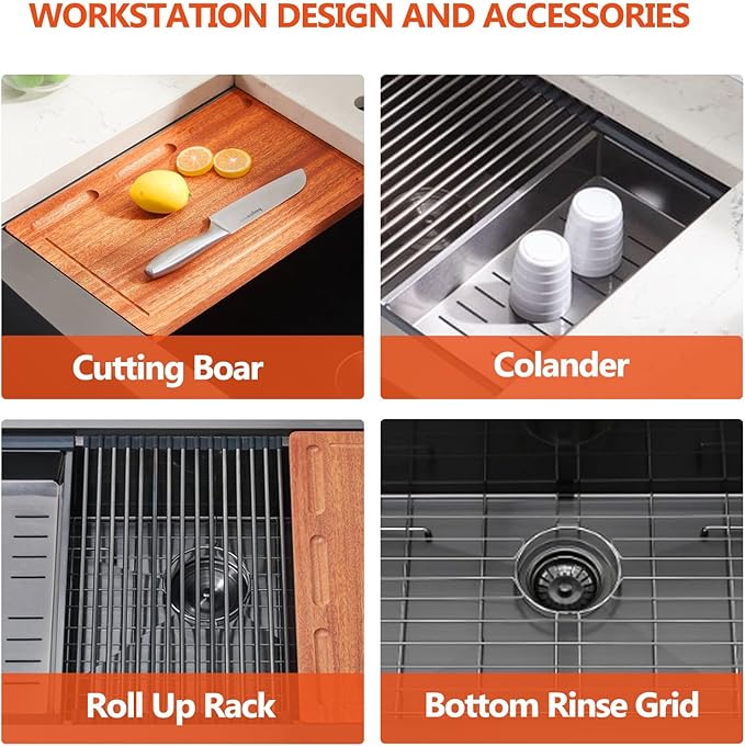 HOTIS 33 Inch Black Farmhouse Sink, Undermount Gunmetal Black Workstation Apron Front Kitchen Sink, 33 x 22 Stainless Steel Farm Sink 16 Gauge 9 Deep Single Bowl Kitchen Sink with Cutting Board