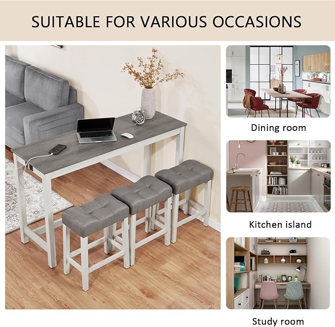 4-Piece Wooden Counter-Table Set with Power Outlet, Industrial Kitchen Dining Tables with 3 Upholstered Stools, 59 Inch Farmhouse Bar Table Chairs w/USB and Type-C Ports, White