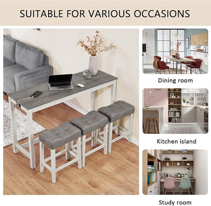 4-Piece Wooden Counter-Table Set with Power Outlet, Industrial Kitchen Dining Tables with 3 Upholstered Stools, 59 Inch Farmhouse Bar Table Chairs w/USB and Type-C Ports, White