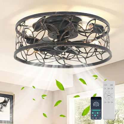 Garwarm Caged Ceiling Fan with Light,18in Rustic Industrial Ceiling Fans with Lights and Remote,Bladeless Fandelier Ceiling Fan,Small Flush Mount Ceiling Fan for Kitchen,Bedroom(6 Speed,Timing)-Bronze