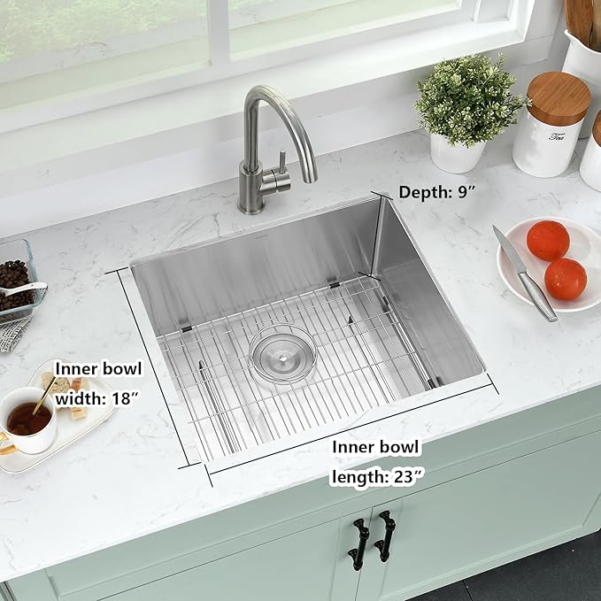 PEPO 23 Inch Undermount Kitchen Sink 23x18 16 Gauge Stainless Steel Single Bowl Small Bar Sink with Drain and Bottom Grid