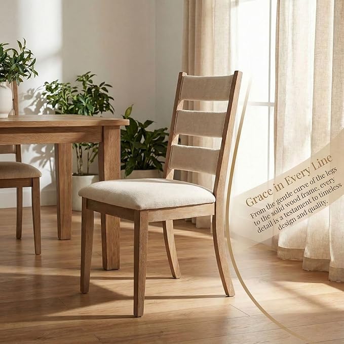 Beige Dining Chairs Set of 6, French Country Upholstered Chenille Ladder High Back Dining Room Kitchen Side Chairs with Brown Legs/Non-Slip Foot Mats