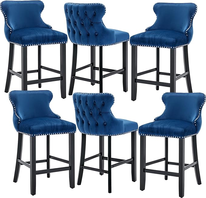 Rhomtree Elegant Button Tufted Upholstered Fabric Bar Stools with Nailhead Trim, Dining Side Chair, Leisure Padded Chairs with Solid Wooden Legs Home Kitchen Island Wooden Bar Chairs (Blue, Set of 6)
