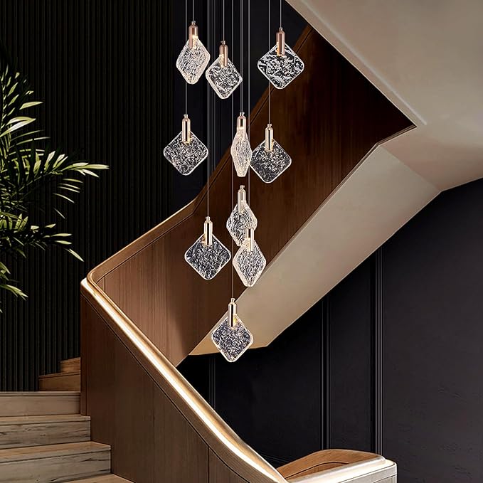 Staircase Crystal Chandelier 10-Light Pendant Light, Modern Square LED H118 High Hanging Ceiling Fixture with Gold Base for Living Room, Dining Room, Kitchen, and Hallway