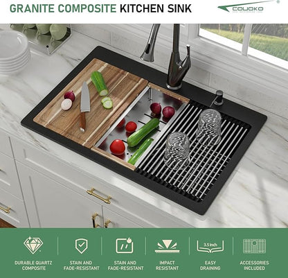 33x22 Black Drop in Kitchen Sink Workstation - Couoko Matte Black Quartz Granite Composite Single Bowl Drop In Sinks Large Deep Classic Topmount Sink Basin with Luxury Accessories