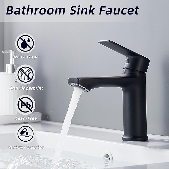 BELZ Bathroom Faucet Matte Black, Tool-Free Modern Single Handle Sink Faucet, Anti-Peeling Single Hole Vanity Faucet, Pre-Installed 24" Lines, Faucet Only