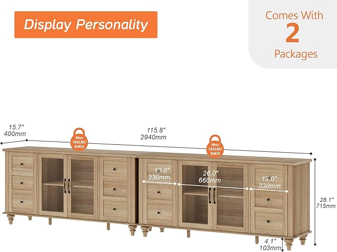 WAMPAT 2-in-1 Sideboard Buffet Cabinets with Glass Door, Kitchen Storage Cabinets, Wood Coffee Bar Tables, Accent Sideboard Storage Cabinet Table Dining Room, Living Room,Oak