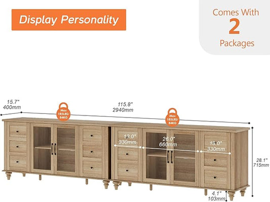 WAMPAT 2-in-1 Sideboard Buffet Cabinets with Glass Door, Kitchen Storage Cabinets, Wood Coffee Bar Tables, Accent Sideboard Storage Cabinet Table Dining Room, Living Room,Oak